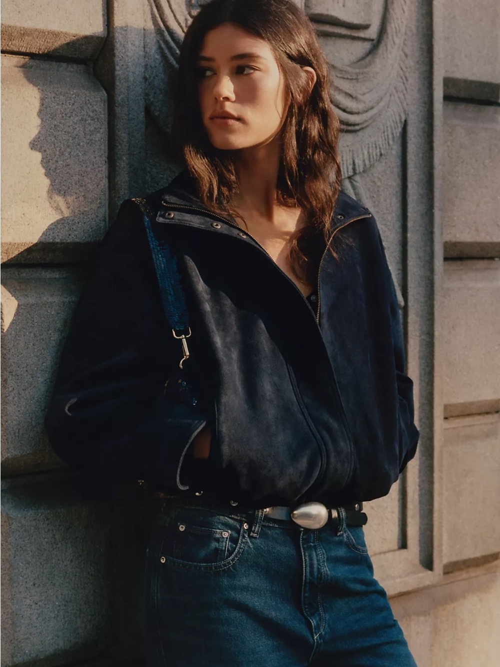 New Anthropologie Navy Faux Suede Bomber Jacket